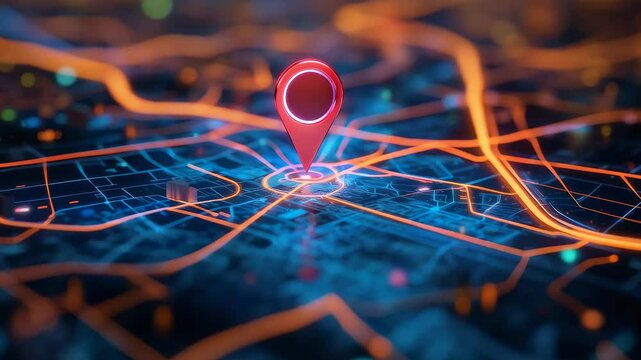 Futuristic city map glowing with navigation elements, featuring red location pin bouncing dynamically against dark digital background highlighting geospatial technology