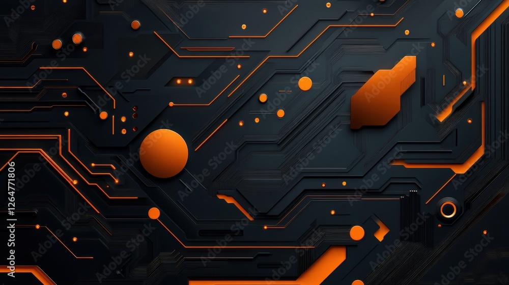 Poster dynamic orange and black circuit design with geometric shapes
