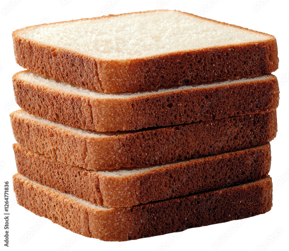 Poster stack of fresh wheat bread slices with golden brown crust in transparent background
