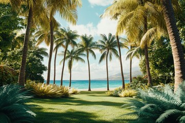 Fototapeta premium Palm trees line a sandy beach near the ocean. A sunny day in a serene setting.