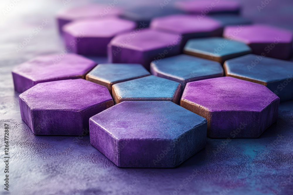 Poster colorful hexagonal tiles scattered on a textured surface create a visually striking abstract design 