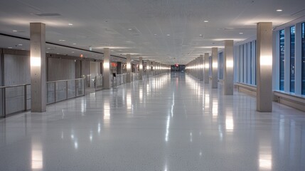 Obraz premium Empty modern airport corridor, spacious walkway, clean interior