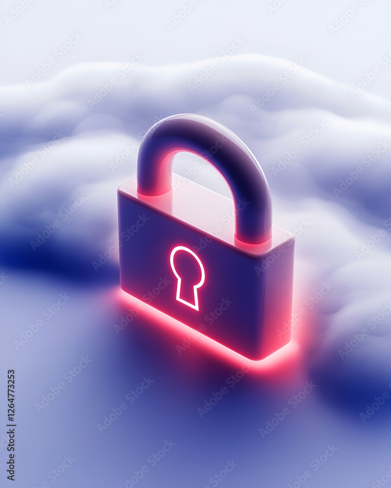 Poster a 3d illustration of a digital padlock surrounded by clouds, symbolizing cybersecurity and data prot
