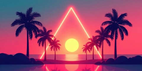 Fototapeta premium Vibrant Sunset Scene with Palm Trees and Glowing Neon Triangle Frame on a Tropical Beach