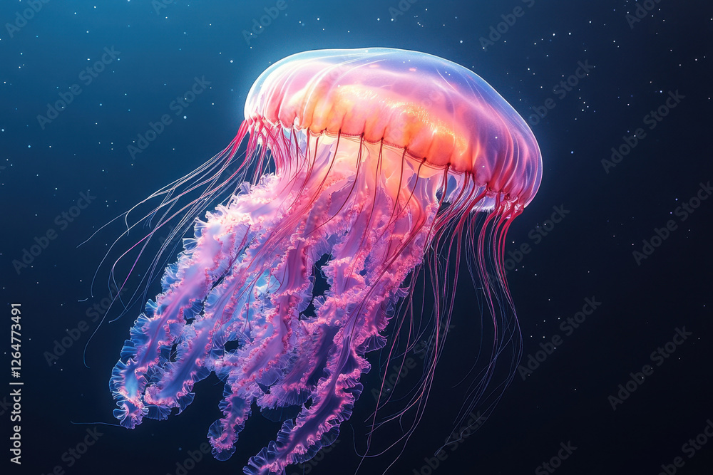 Poster colorful jellyfish gracefully floats through deep ocean waters with tentacles trailing and glowing i