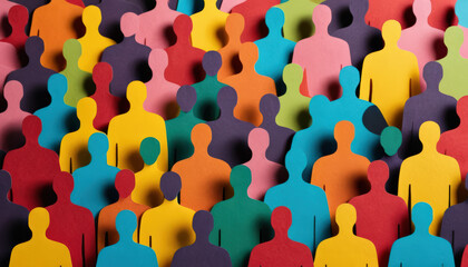 A lot of colorful silhouettes of people cut out of cardboard. Crowd and diversity concept.