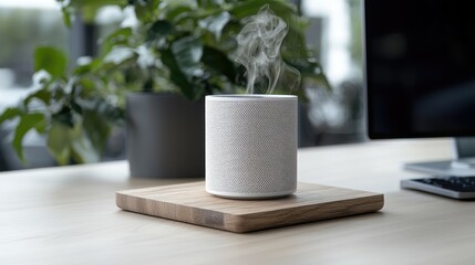 Modern speaker on wooden dock, office background