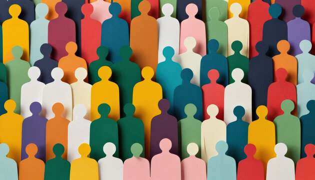 A lot of colorful silhouettes of people cut out of cardboard. Crowd and diversity concept.