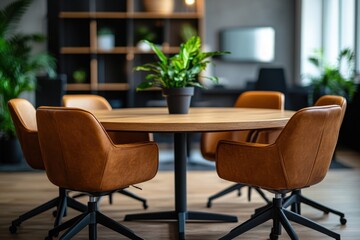 Elegant Modern Dining Space with Round Wooden Table and Stylish Leather Chairs