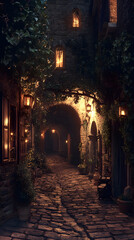 Fototapeta premium A narrow cobblestone street in an ancient Italian town, lined with historic buildings and illuminated by the soft glow of lanterns 