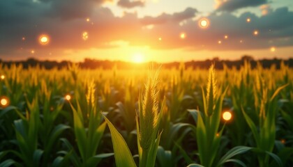 Fototapeta premium Sunset glow over a vibrant cornfield filled with twinkling fireflies