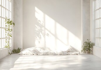 Sunlit Minimalist White Room with Plants and Bedding
