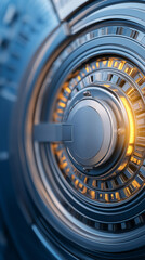 Fototapeta premium Precision engineered circular mechanism glowing warmly, revealing sophisticated technological innovation within intricate metallic framework