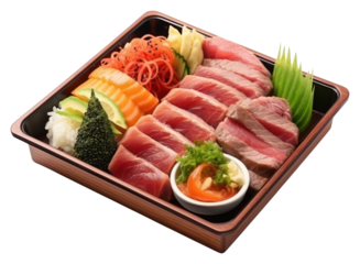 PNG Japanese bento box sushi plate meat.