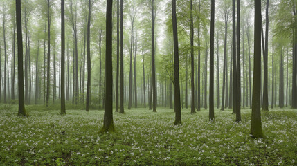 Misty hallerbos woodland carpeted with white wild garlic blossoms, soft sunlight penetrating leafy belgian forest canopy at dawn