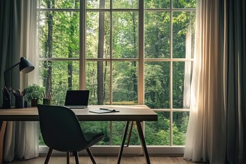 Obraz premium Contemporary study room with a serene forest view inviting creativity and inspiration