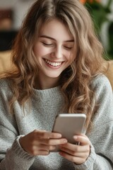 Fototapeta premium Happy woman using smartphone, indoors, smiling, relaxed pose.
