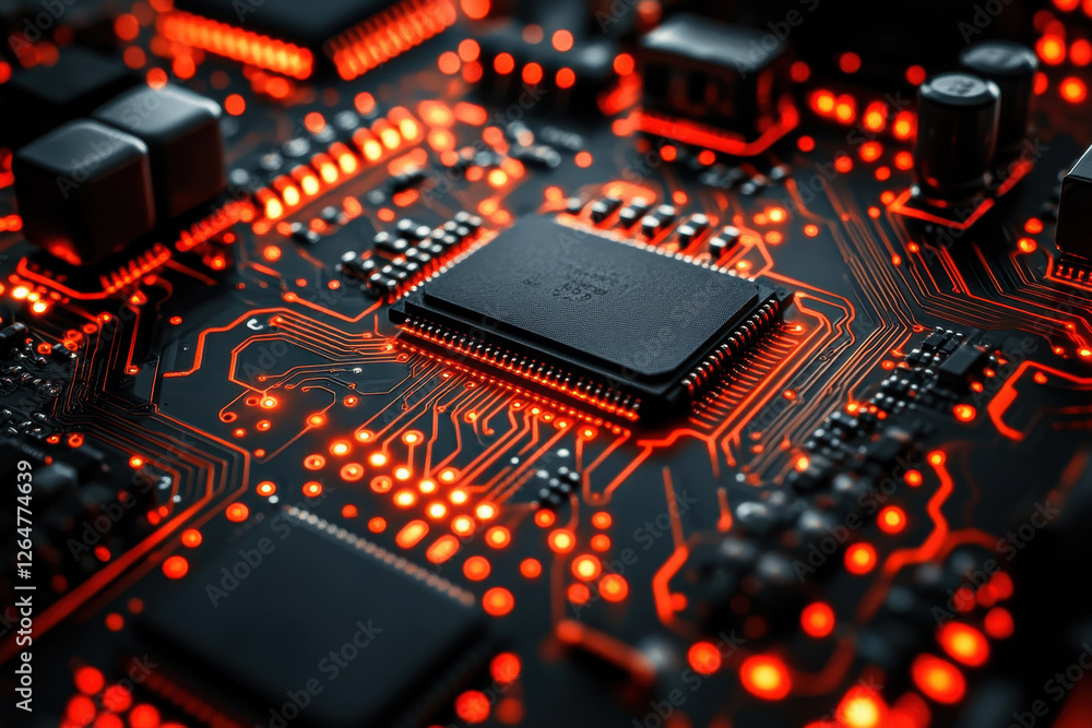 Poster close-up view of a glowing circuit board with intricate design elements and a central microchip illu