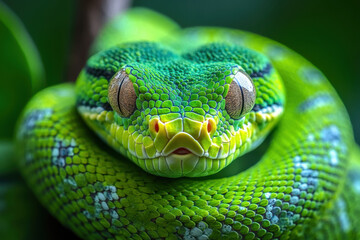 Obraz premium Bright green snake resting on a branch in a lush tropical environment during daylight hours