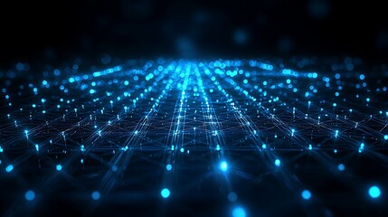 A sleek, minimalist 3D design representing digital transformation, glowing lines symbolizing AI and data flow, cool blue tones with soft reflections, sharp geometric shapes, soft ambient light