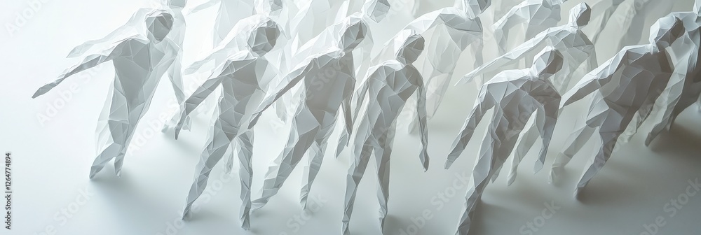 Poster this image showcases a series of white origami human figures walking in a dynamic way, symbolizing m