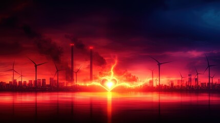 A dramatic sunset reflects on water, contrasting industrial smokestacks with wind turbines against a vibrant sky.