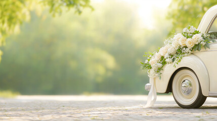Elegant white wedding car resting on manicured lawn, representing marital bliss and romantic celebration near verdant ceremonial setting
