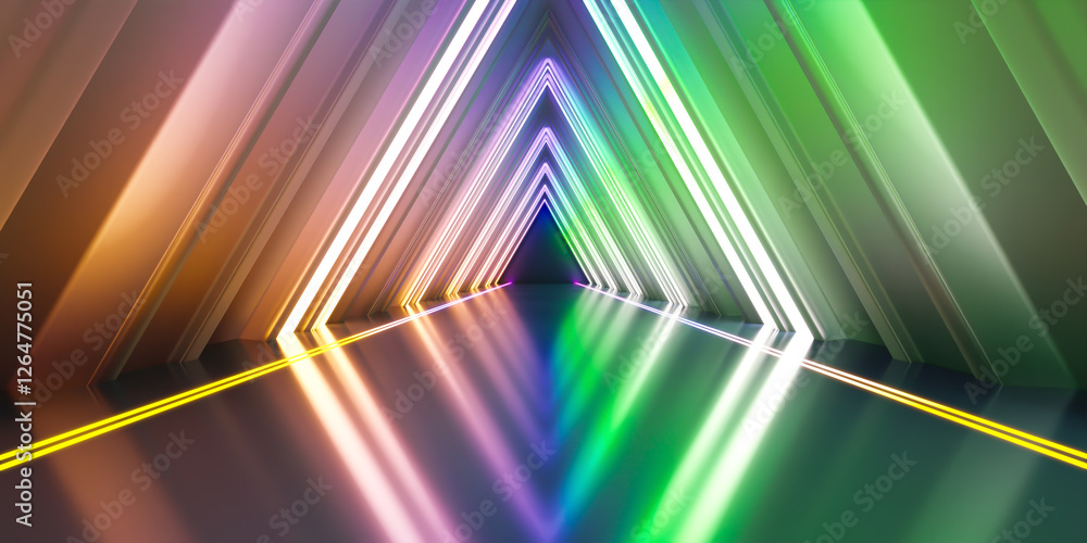 Poster neon lights illuminating futuristic triangular tunnel with reflective floor