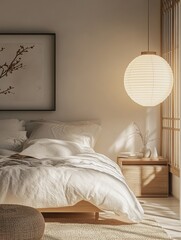 Calming bedroom interior featuring a paper lantern and artwork