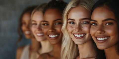 Fototapeta premium Happy and glowing individuals smiling at camera, showcasing radiant skin in a collage, capturing natural light and emotions.