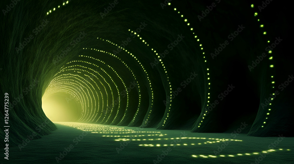 Poster a mesmerizing view of a futuristic tunnel illuminated with soft green lights. the pathway leads to a