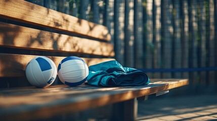 An empty volleyball uniform neatly folded on a bench, with a ball and knee pads placed beside it