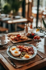 Naklejka premium Crispy bacon, sunny-side-up eggs, and buttery toast create the perfect inviting breakfast experience in a charming cafe