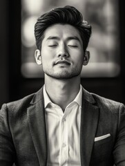 Obraz premium A young man with a beard, closed eyes and hands together, radiating peace. Wearing a suit and tie, he embodies calm confidence.