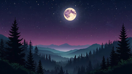 Naklejka premium Night landscape Vector illustration with mountain and moon