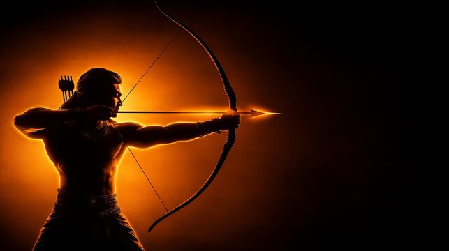 A skilled archer draws back a bow, preparing to release an arrow, illuminated by an intense orange glow
