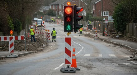 Road Work with Temporary Traffic Lights and Construction Workers Present