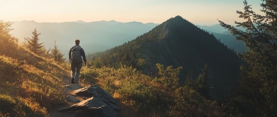 Hiker ascending the Adirondack Mountain trail on a summer day, admiring distant peaks and lush landscapes