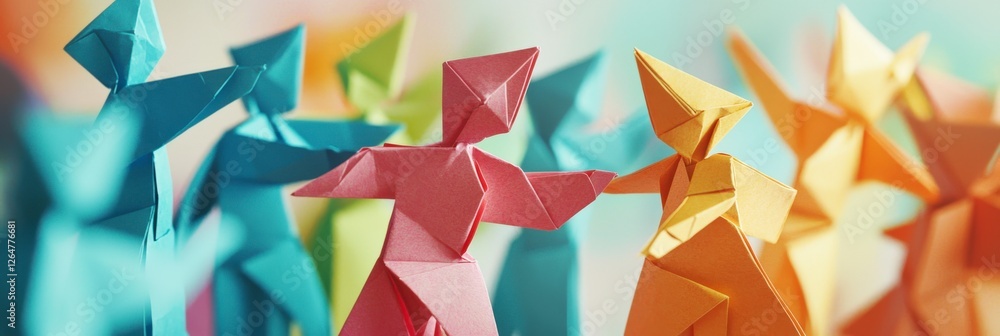 Poster the image features colorful origami figures arranged in a dynamic pose, symbolizing joy and harmony,