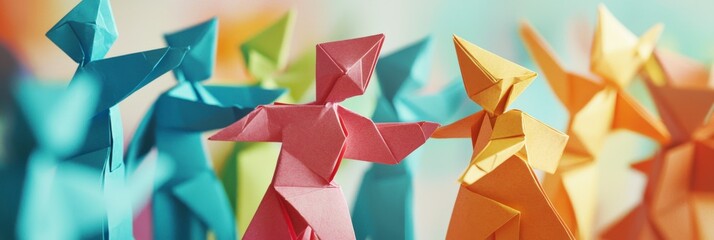 The image features colorful origami figures arranged in a dynamic pose, symbolizing joy and harmony, set against a soft gradient backdrop that enhances their vibrant colors.