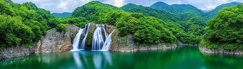 Naklejka premium Scenic waterfall in lush green mountains.