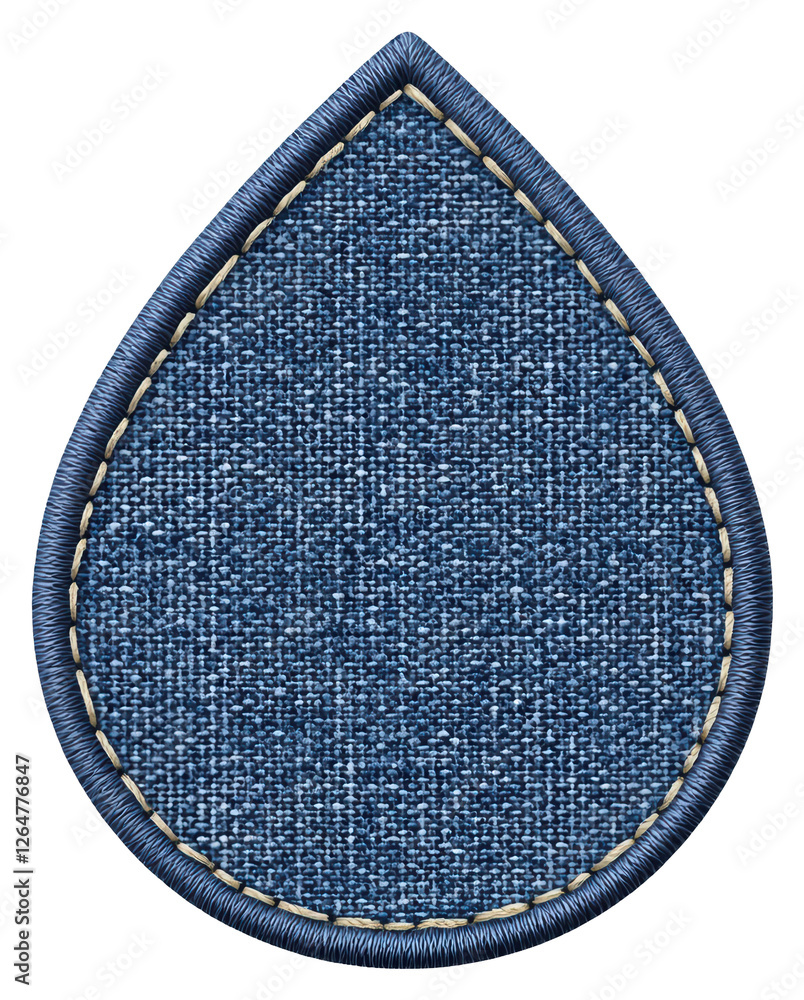 Poster teardrop denim patch with stitched border on transparent background detailed close up view