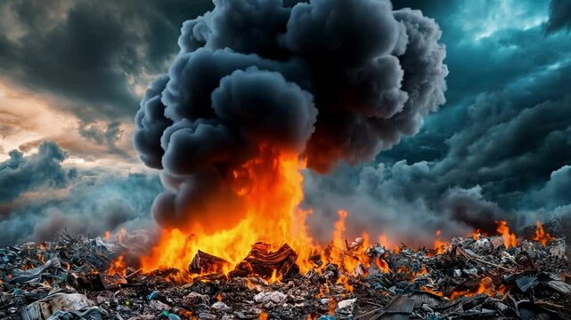 Burning Waste: A towering plume of black smoke rises from a burning pile of refuse, a stark reminder of the environmental consequences of unchecked waste and pollution.