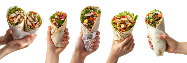 Collection set of hand holding burrito shawarma gyros wrap, different ingredients kebab beef cheese lamb chicken tomato chili vegetable lettuce on transparent cutout PNG. Mockup template for design