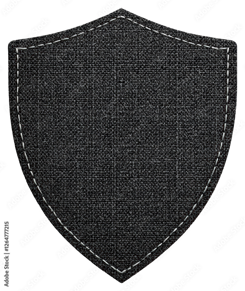 Poster textured black shield shape with stitched border on transparent background