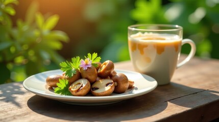 Sunlit Sauteed Mushrooms and a Warm Beverage on Rustic Wooden Tabletop Enjoying a Peaceful Outdoor Moment