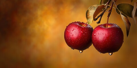red apples hanging on a tree against a gold