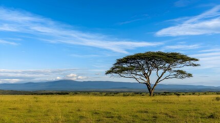 Fototapeta premium Lone Tree In Green Field With Mountains And Blue Sky