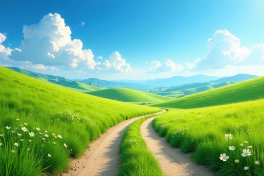 Serene landscape of rolling hills, vibrant green meadows, and a gently curving dirt road under a bright sunny sky with fluffy clouds