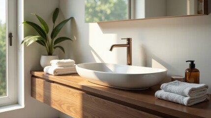 Fototapeta premium Modern minimalist bathroom vanity with sunlight illuminating a clean white vessel sink and neatly folded towels, next to a potted plant and amber colored soap dispenser.